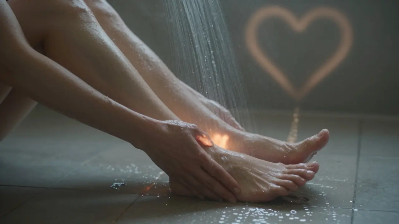 Žena si dělá samomasáž nohou pod teplou a studenou sprchou, krevní oběh se zlepšuje.