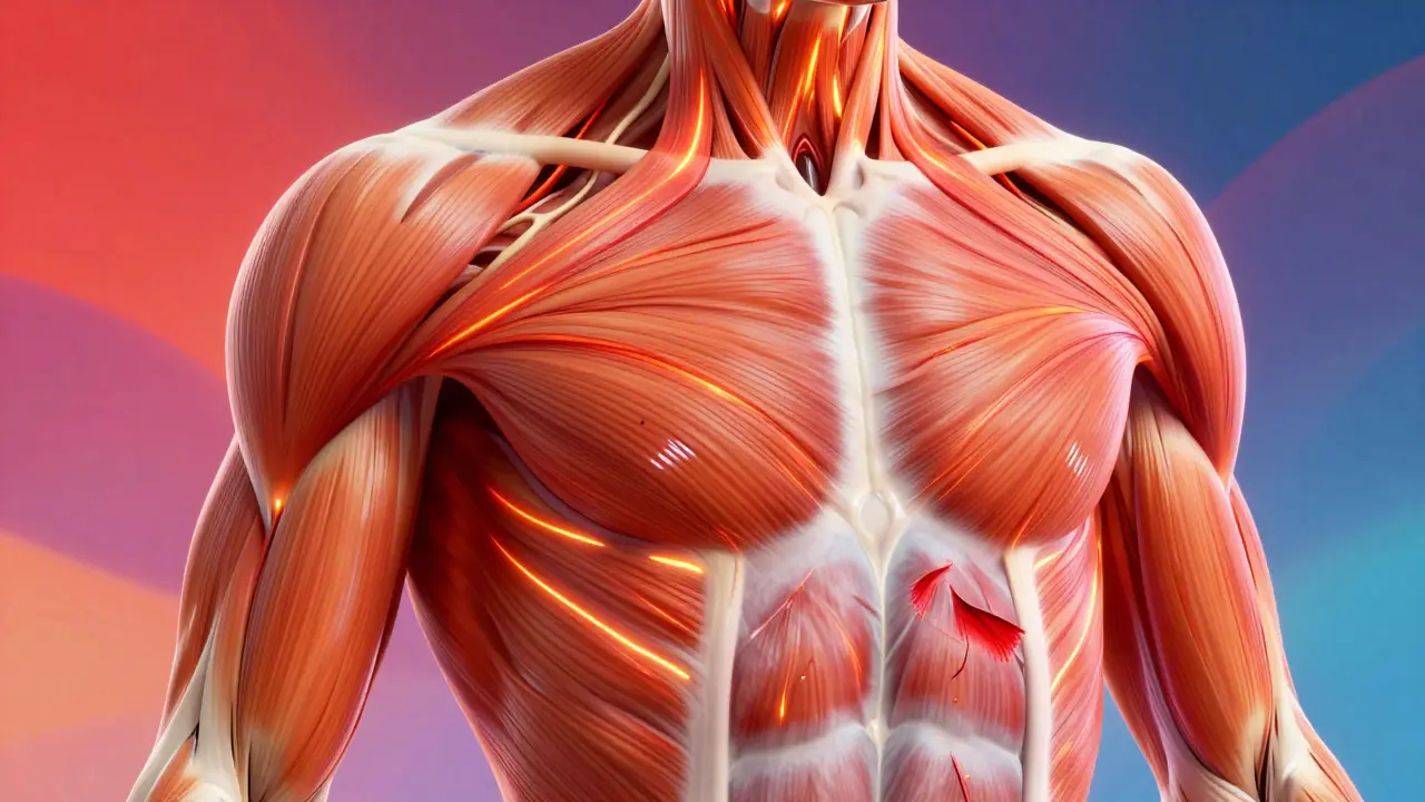 Abstraktní ilustrace prokrvení a regenerace svalů.