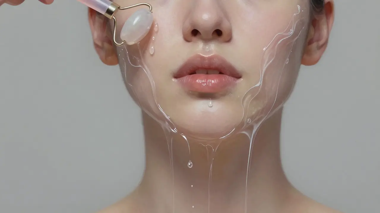 Abstraktní znázornění odtoku tekutin z obličeje ke krku při masáži válečkem s jemným světlem.