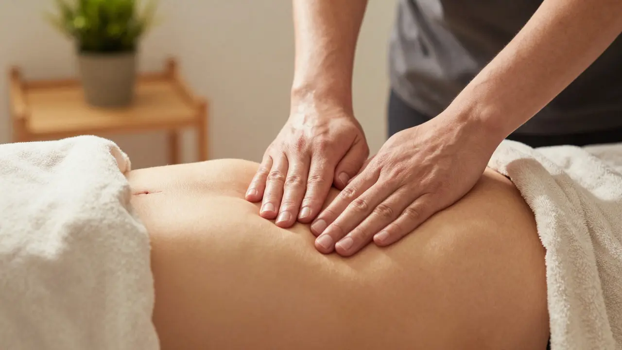 Jemné masírování břicha nové matky odborníkem s důrazem na citlivost.