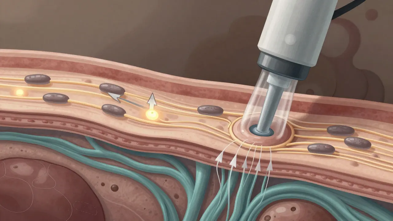 Křížový řez tkáně pod vakuovým tlakem s ukázkou zlepšeného oběhu a regenerace.