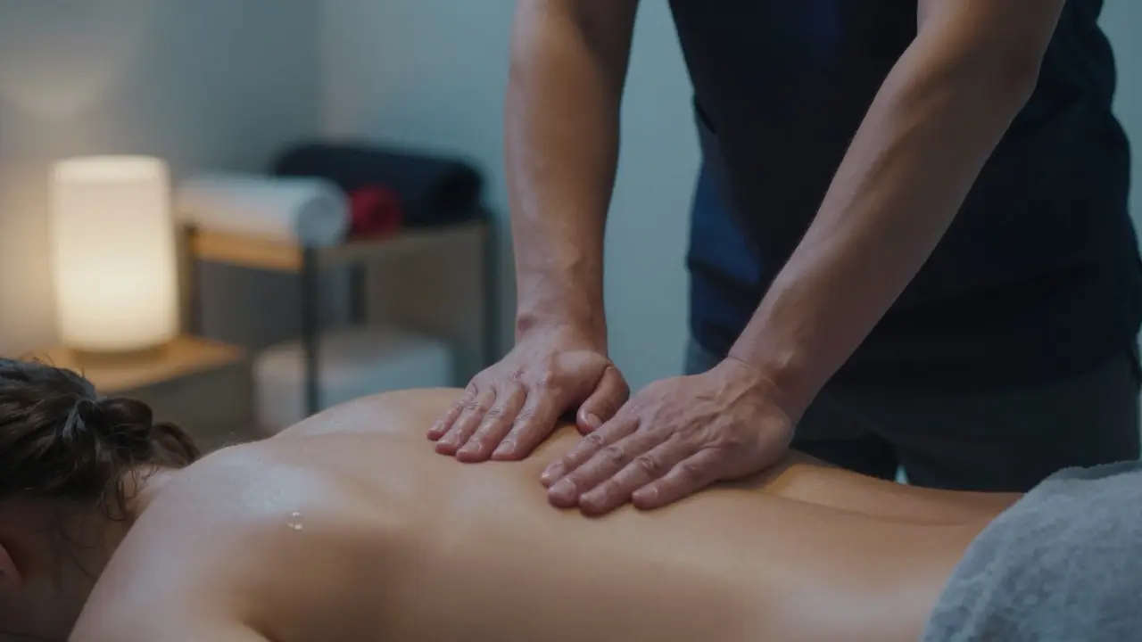 Masér aplikuje myofasciální uvolňování na záda běžce.