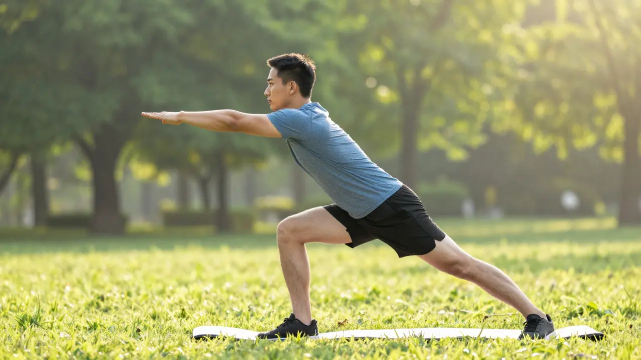 Osoba protahující se v parku po regenerační terapii.