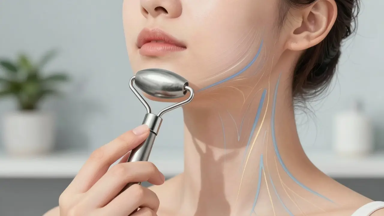 Ruka s kovovým válečkem provádí hladký pohyb od čelisti ke krku, symbolizující odtok lymfy.
