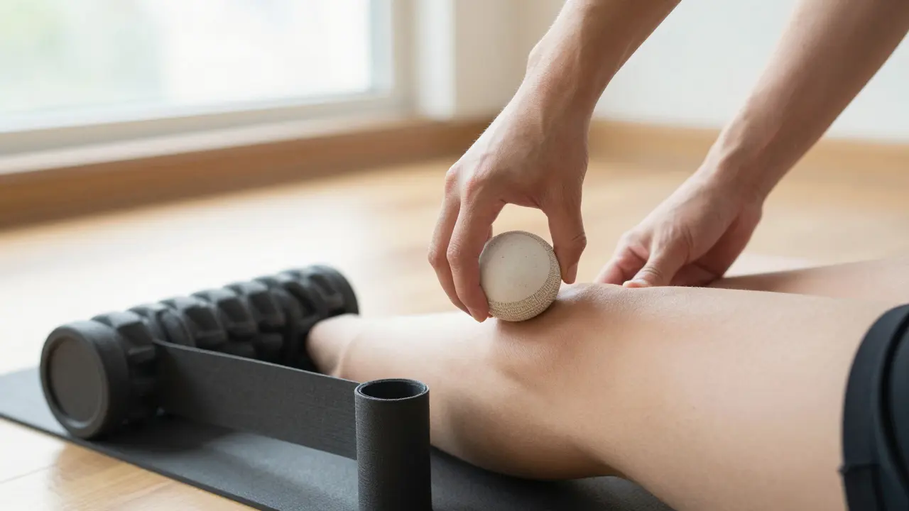 Ruka tlačí masážní kouli na trigger point na břišních svalů.