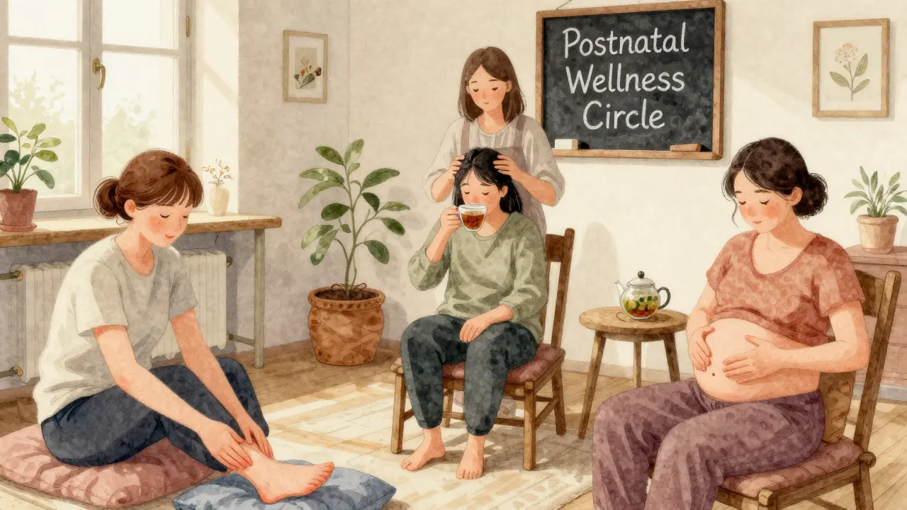 Tři nové matky spolu v komunitním centru dostávají různé typy postpartální péče.