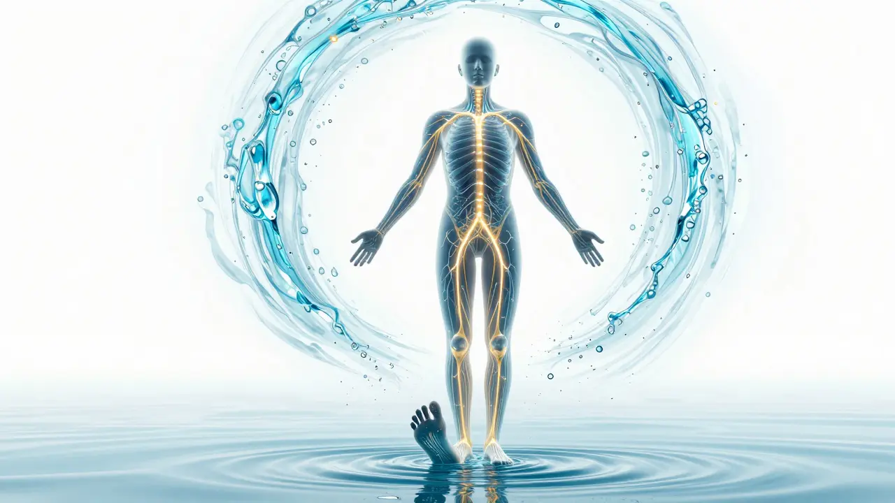 Abstraktní zobrazení detoxikace a proudění energie v těle po reflexní masáži.