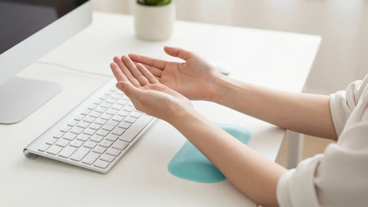 Člověk provádí protahovací cviky rukou u ergonomického pracovního stolu.