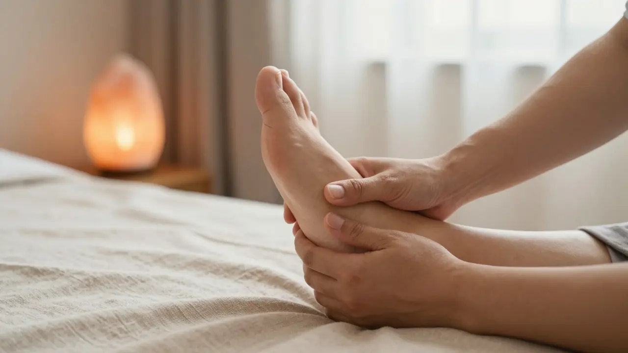 Detailní pohled na profesionální reflexní masáž chodidla v uklidňujícím prostředí.