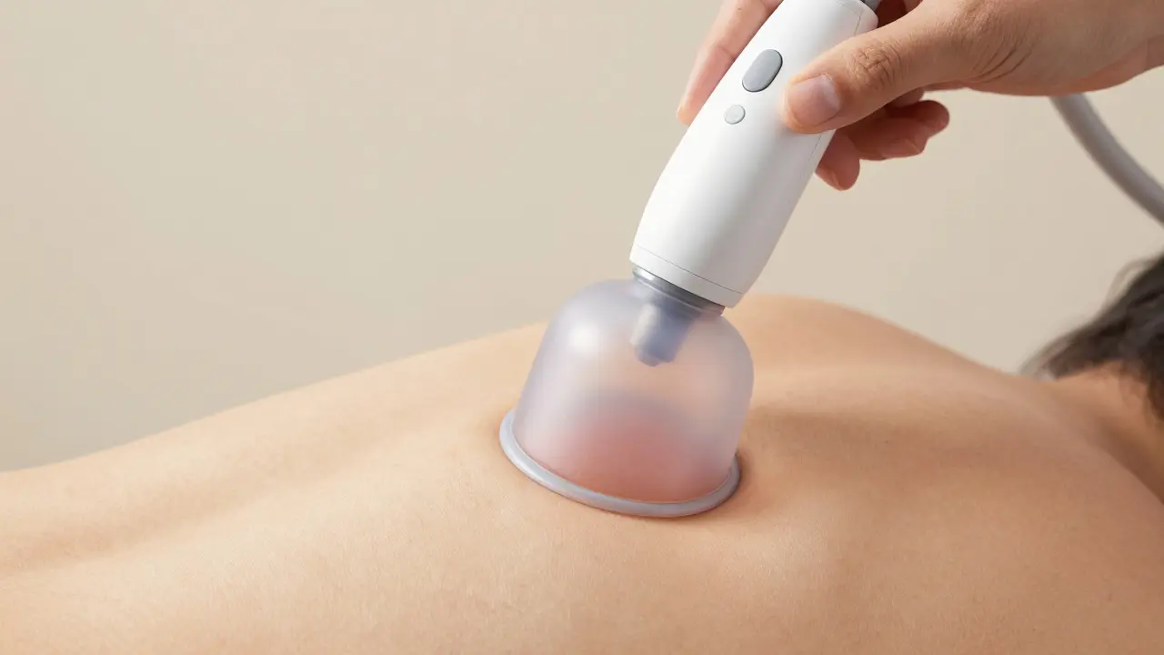 Detailní záběr na aplikaci vakuoterapie na rameni s viditelným prokrvením kůže.