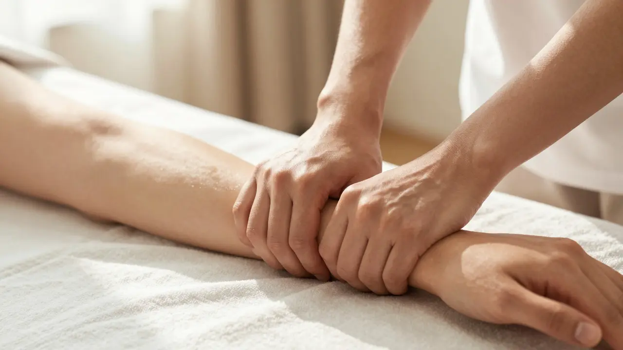 Detailní záběr na masáž předloktí a zápěstí pro uvolnění tkání.