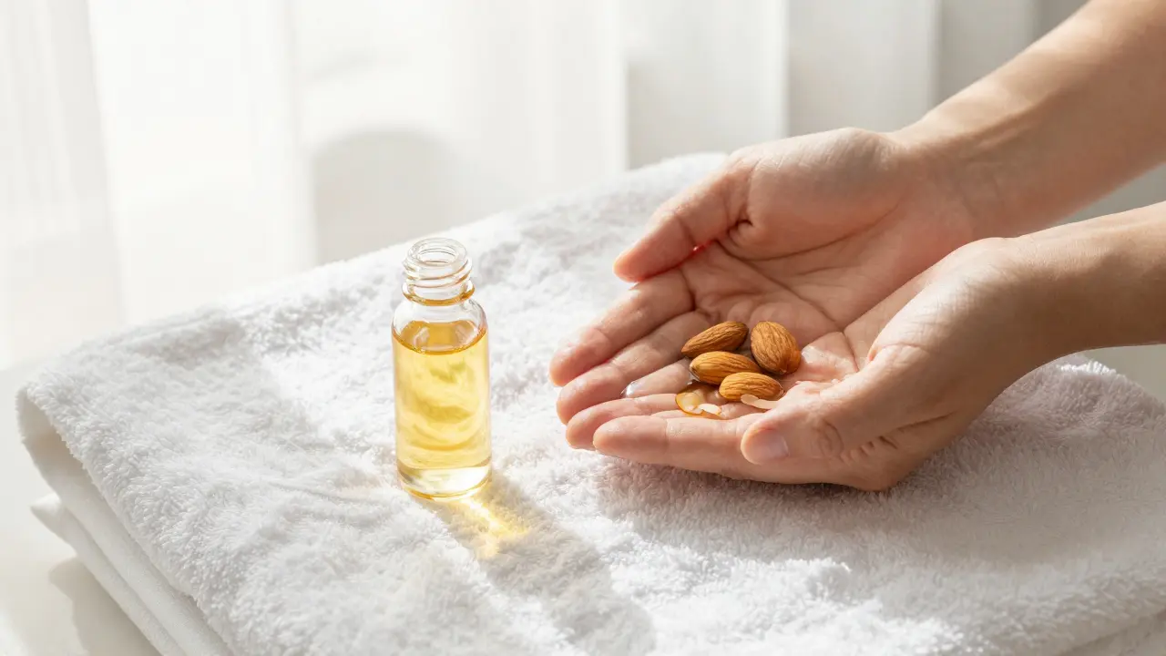 Hřátí přírodního mandalového oleje v dlaních na bílém ručníku