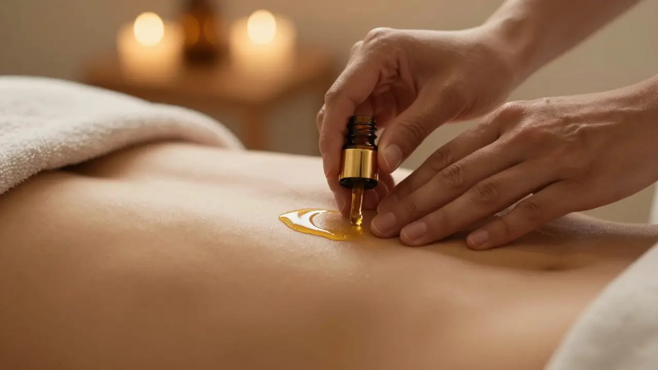 Jemná aplikace léčivého oleje na záda pro stimulaci nadledvin.