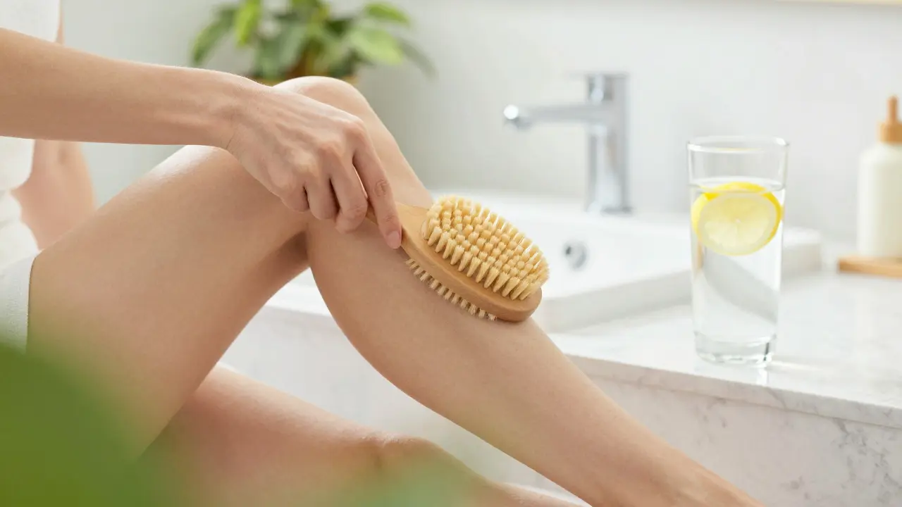 Osoba provádějící domácí dry brushing nohy s přístupem k čisté vodě.