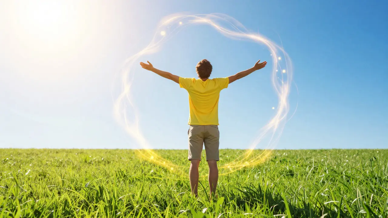 Osoba s otevřenými náručí v přírodě symbolizující obnovenou energii a vitalitu.