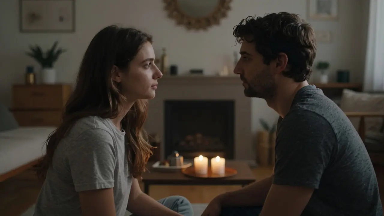 Partneri hledící si do očí v intimní a bezpečné domácí atmosféře.