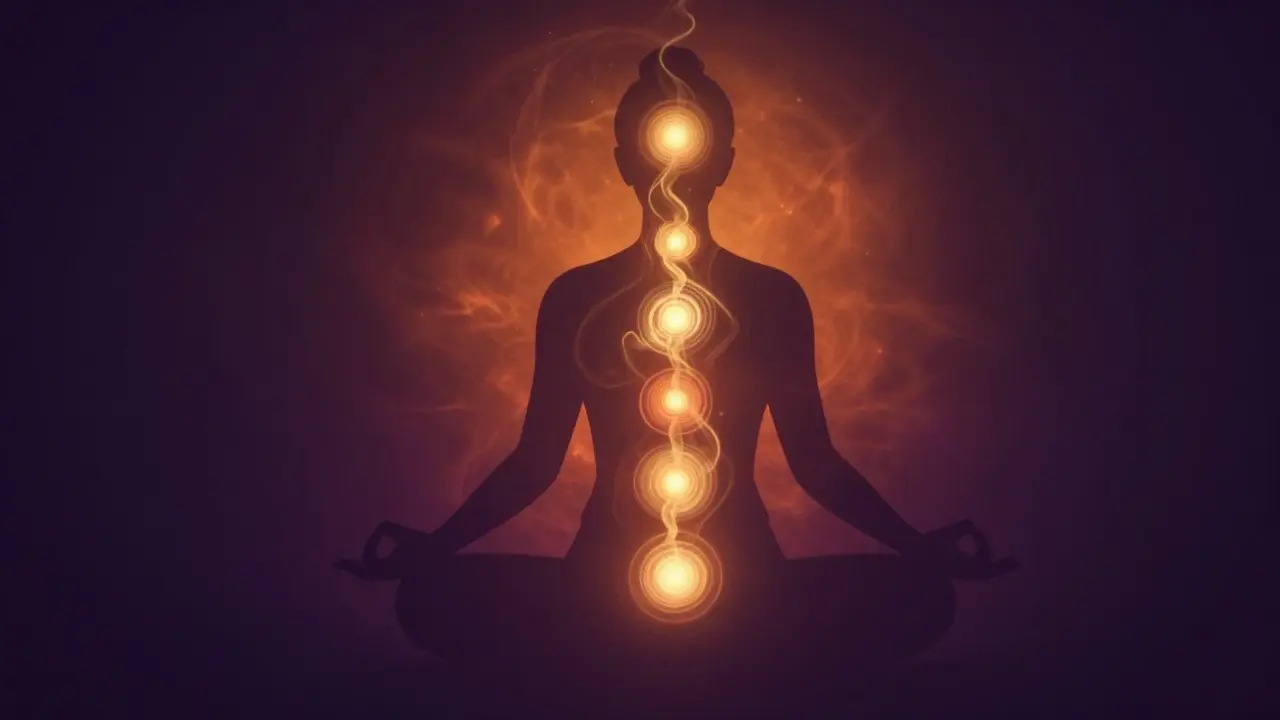 Silueta člověka s přezobrazenými energetickými centry a stoupající zlatou energií.