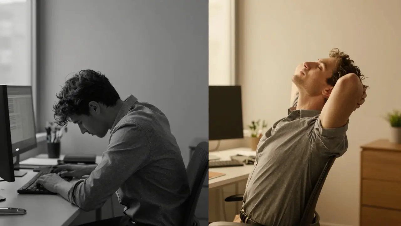 Srovnání ztuhlé polohy při práci u počítače a následného uvolnění krku.