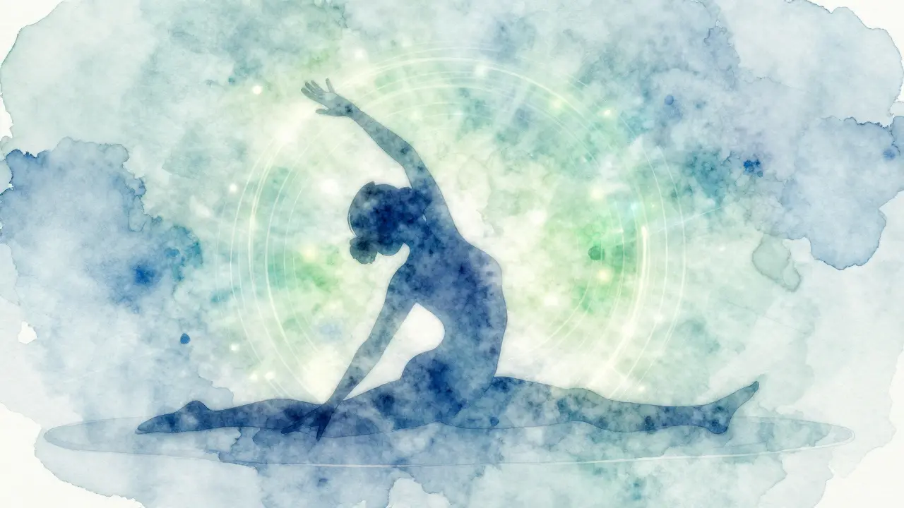Abstraktní ilustrace pasivního protahování a energetických linií