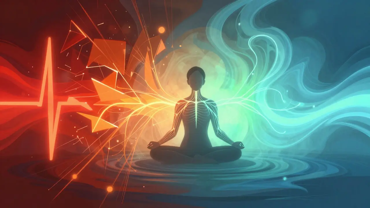 Konceptuální ilustrace přechodu nervového systému ze stresu do klidu