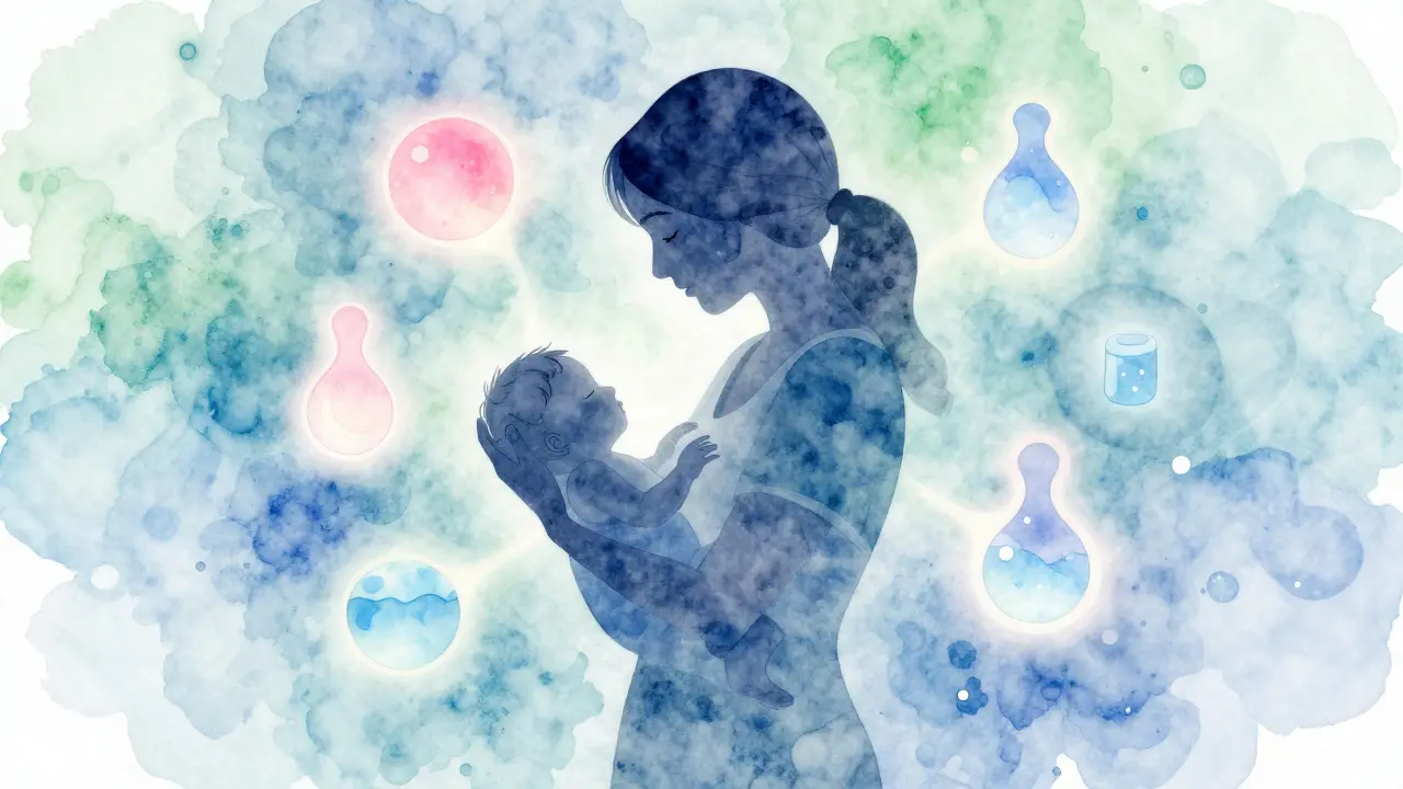 Abstraktní ilustrace duševní pohody a hormonální rovnováhy matek