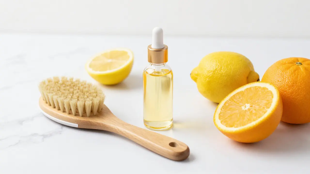 Suchý kartáč, masážní olej a citrony jako symbol domácí péče