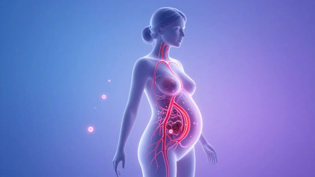 Abstraktní ilustrace zvýšeného prokrvení a hormonální rovnováhy u těhotné ženy.