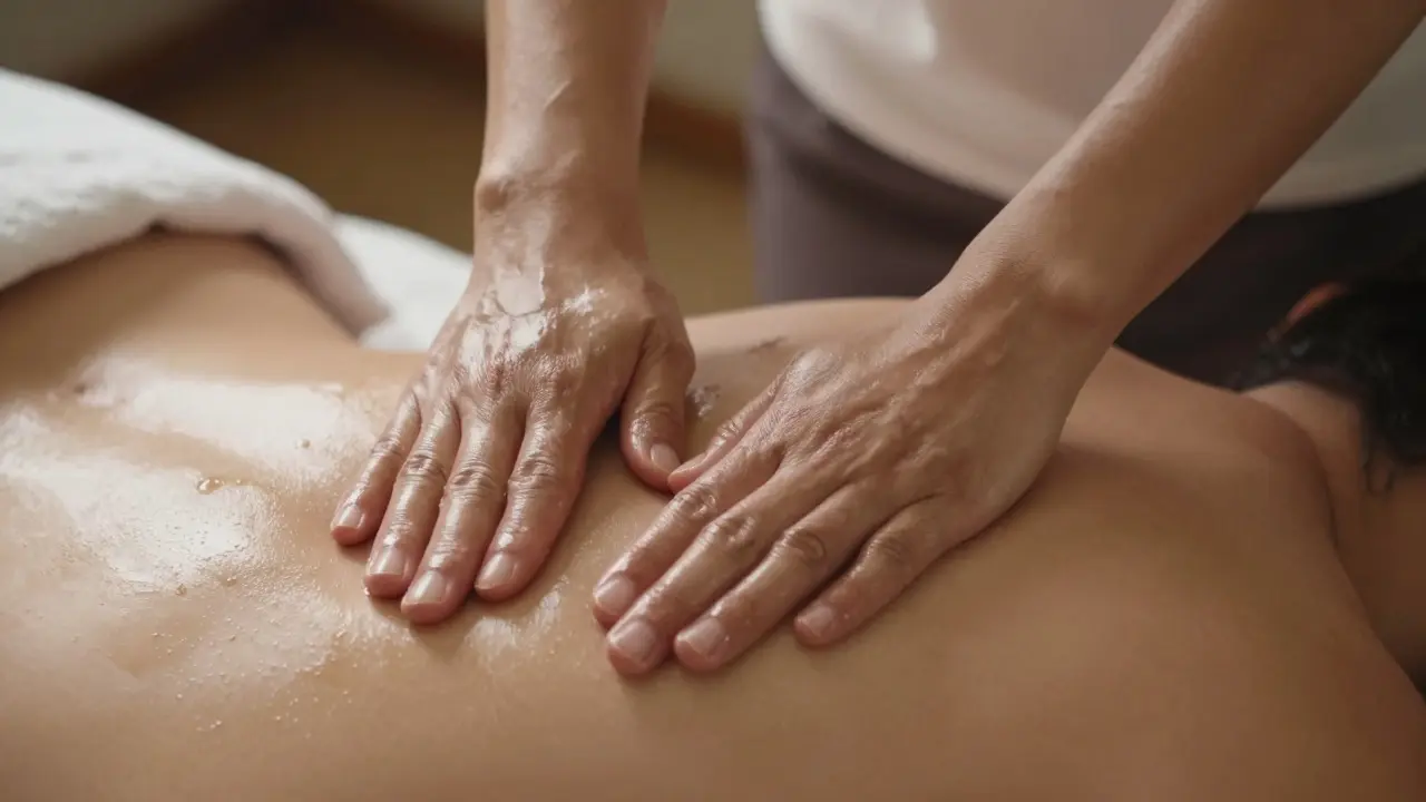 Close-up of hands performing rhythmic Lomi Lomi strokes