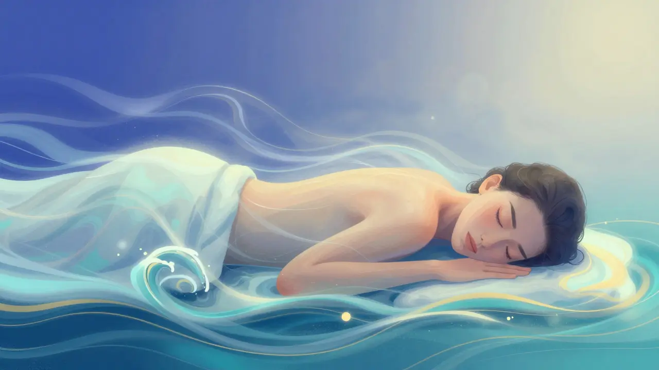 Person relaxing amidst abstract waves of healing light