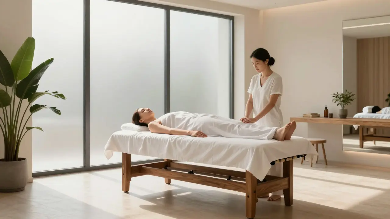 Relaxovaný klient ležící na masážním stole v klidném wellness studiu