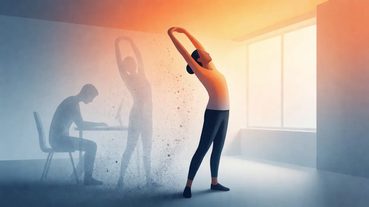 Stylizovaná ilustrace uvolnění bolesti a návratu pohyblivosti