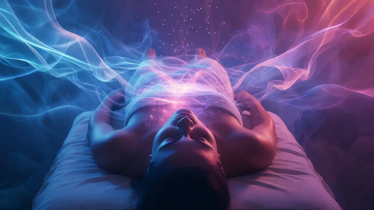Abstraktní vizualizace uvolňování emocí a toku energie během relaxační masážní terapie.
