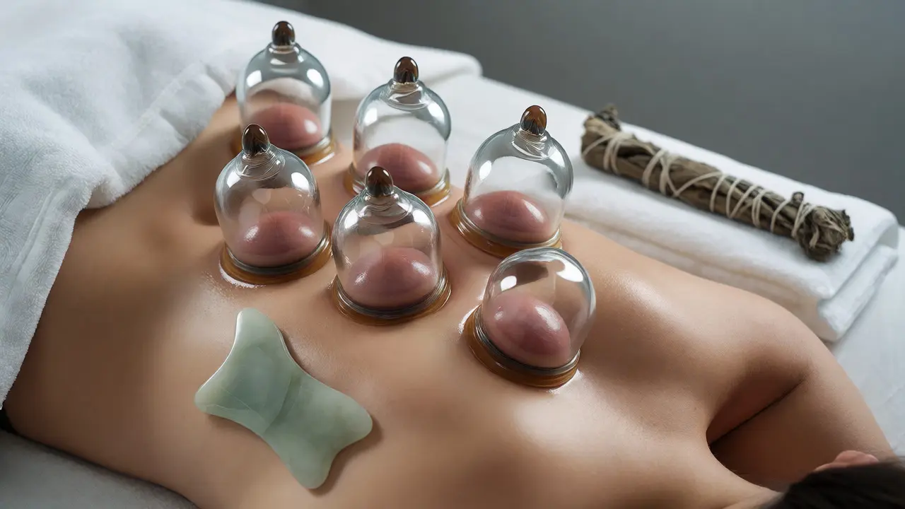 Skleněné kelímky pro ba guan aplikované na horní část zad vedle nástroje gua sha.