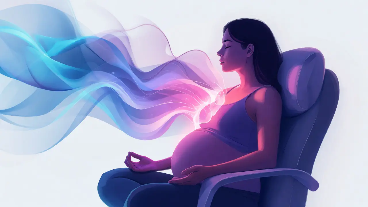 Konceptuální ilustrace duševního uvolnění a hormonální rovnováhy při masáži.