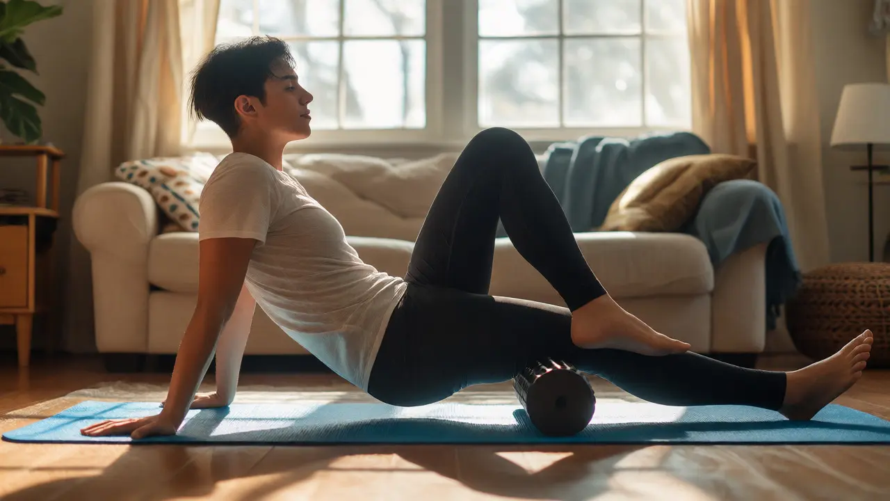 Osoba používá foam roller k uvolnění stehenních svalů doma