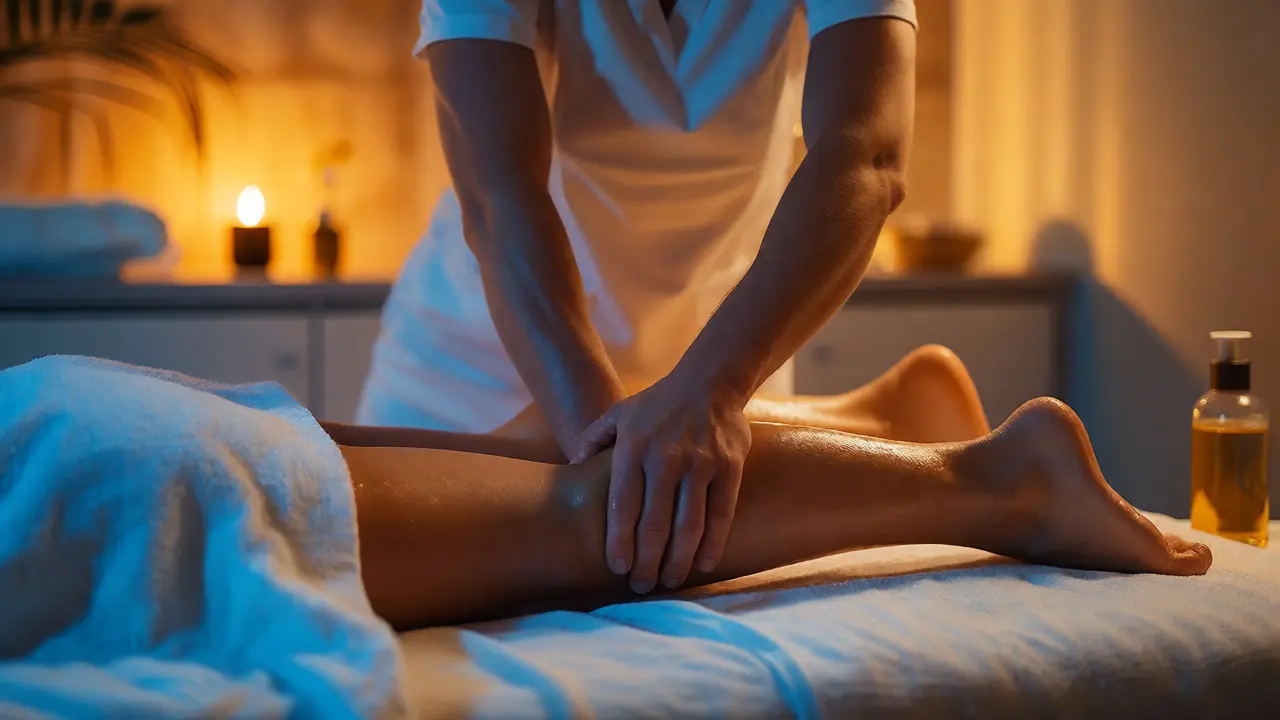 Terapeut provádí ruční anticelulitidní masáž nohou v relaxačním prostředí wellness centra